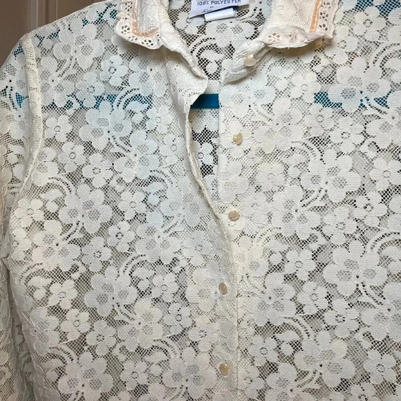 Vintage Sunny South Dallas Lace Blouse 80s Sheer Floral Ruffle Pearl Button Sz 8 - Picture 5 of 16